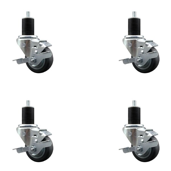3'' Thermoplastic Rubber Swivel 1-3/4'' Expanding Stem Caster Set with Brake, 4PK
